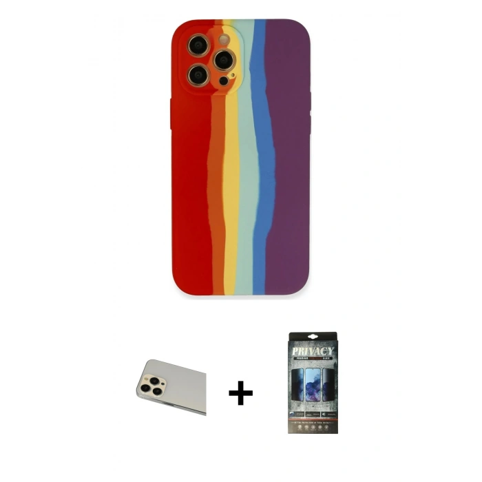 MARSİLYAN™- iPhone 12 Pro Kılıf Yadigar Çizgi - Siyah 34D Hayalet Izgaralı Cam + Rainbow Kamera Lens Koruma Cam - GD