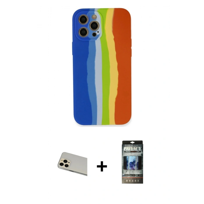 MARSİLYAN™- iPhone 12 Pro Kılıf Yadigar Çizgi - Siyah 34D Hayalet Izgaralı Cam + Rainbow Kamera Lens Koruma Cam - GD