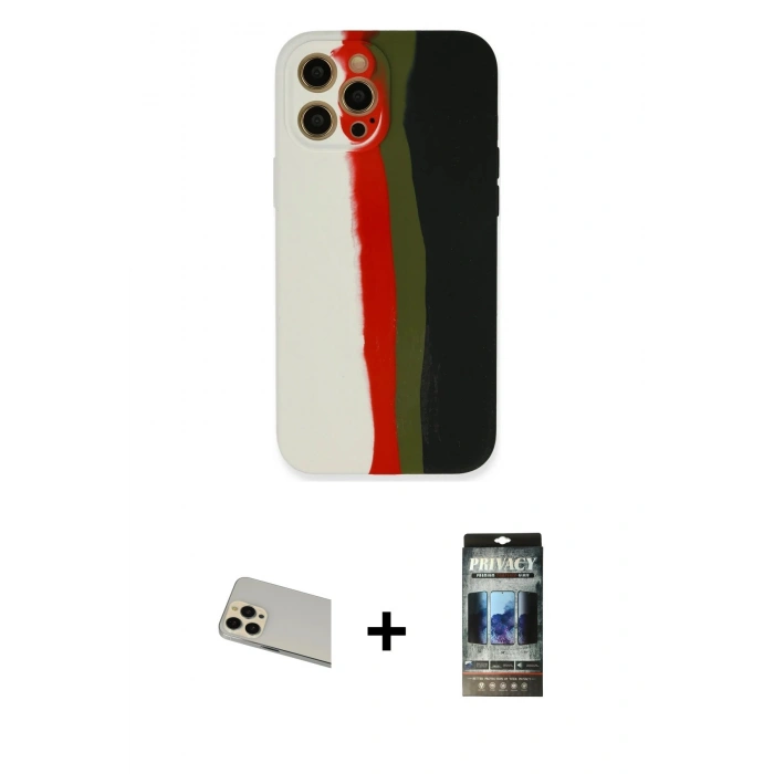 MARSİLYAN™- iPhone 12 Pro Kılıf Yadigar Çizgi - Siyah 34D Hayalet Izgaralı Cam + Rainbow Kamera Lens Koruma Cam - GD