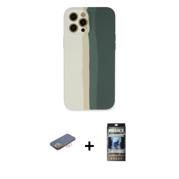 MARSİLYAN™- iPhone 12 Pro Kılıf Yadigar Çizgi - Siyah 34D Hayalet Izgaralı Cam + Renkli Kamera Lens Koruma Cam - TU