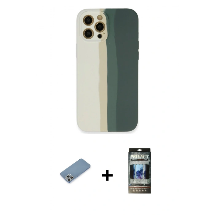 MARSİLYAN™- iPhone 12 Pro Kılıf Yadigar Çizgi - Siyah 34D Hayalet Izgaralı Cam + Shine Kamera Lens Koruma Cam - GS