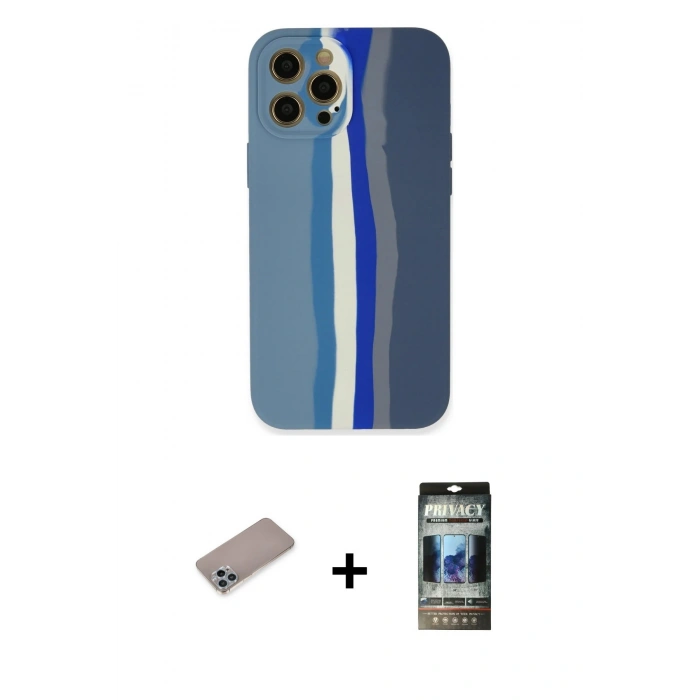 MARSİLYAN™- iPhone 12 Pro Kılıf Yadigar Çizgi - Siyah 34D Hayalet Izgaralı Cam + Shine Kamera Lens Koruma Cam - SABE