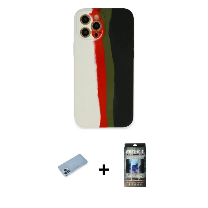 MARSİLYAN™- iPhone 12 Pro Kılıf Yadigar Çizgi - Siyah 34D Hayalet Izgaralı Cam + Shine Kamera Lens Koruma Cam - MI