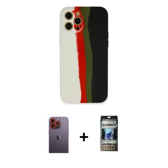 MARSİLYAN™- iPhone 12 Pro Kılıf Yadigar Çizgi - Siyah 34D Hayalet Izgaralı Cam + Neon Fosforlu Kamera Lens - TU