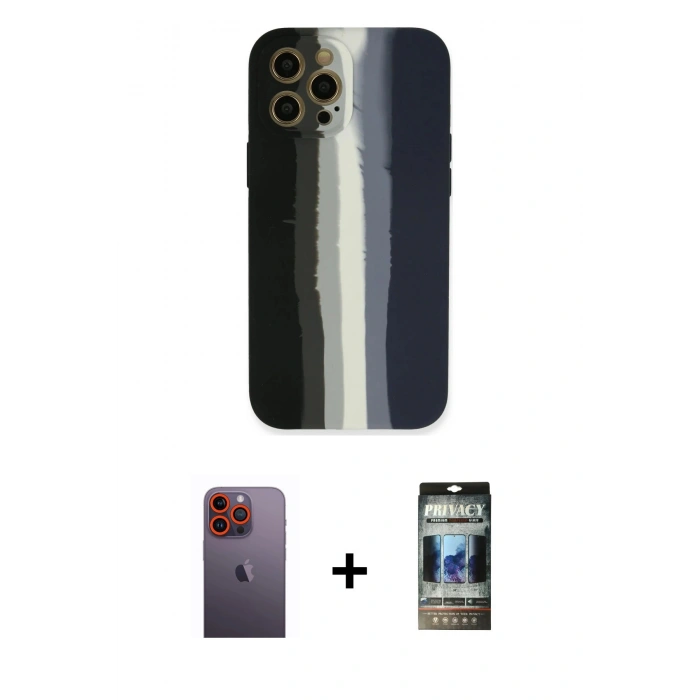 MARSİLYAN™- iPhone 12 Pro Kılıf Yadigar Çizgi - Siyah 34D Hayalet Izgaralı Cam + Neon Fosforlu Kamera Lens - TU