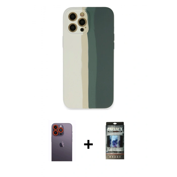 MARSİLYAN™- iPhone 12 Pro Kılıf Yadigar Çizgi - Siyah 34D Hayalet Izgaralı Cam + Neon Fosforlu Kamera Lens - TU