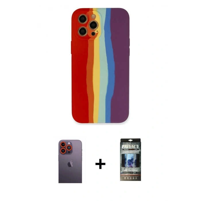 MARSİLYAN™- iPhone 12 Pro Kılıf Yadigar Çizgi - Siyah 34D Hayalet Izgaralı Cam + Neon Fosforlu Kamera Lens - TU