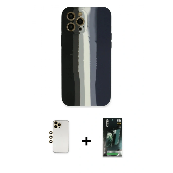 MARSİLYAN™- iPhone 12 Pro Kılıf Yadigar Çizgi - Siyah 360 Mat Full Body Arka Koruyucu + Shine Kamera Lens - GD