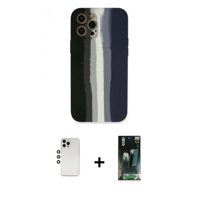 MARSİLYAN™- iPhone 12 Pro Kılıf Yadigar Çizgi - Siyah 360 Mat Full Body Arka Koruyucu + Shine Kamera Lens - GS