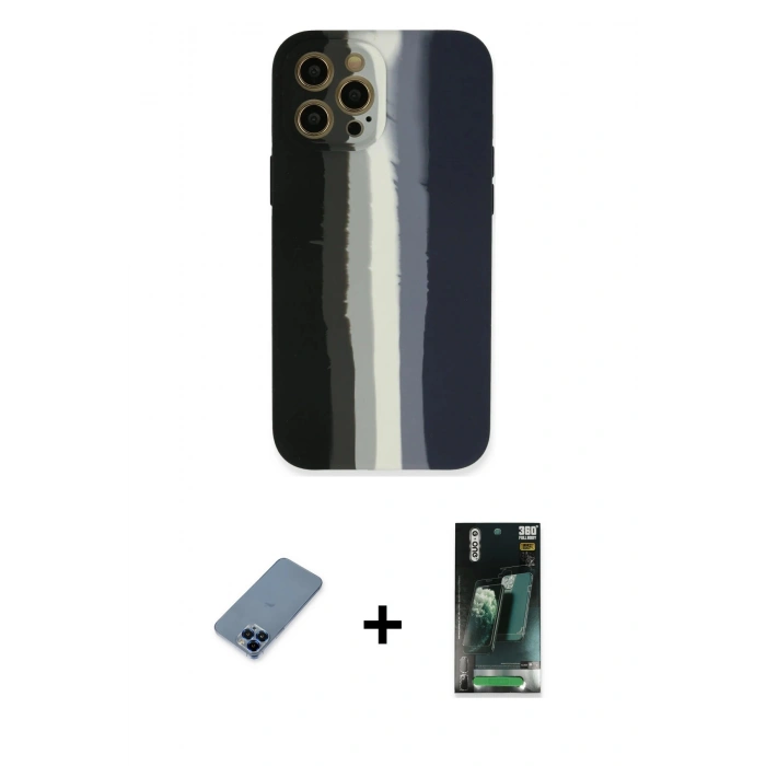 MARSİLYAN™- iPhone 12 Pro Kılıf Yadigar Çizgi - Siyah 360 Mat Full Body Arka Koruyucu + Metal Kamera Lens Koruma Cam - MI