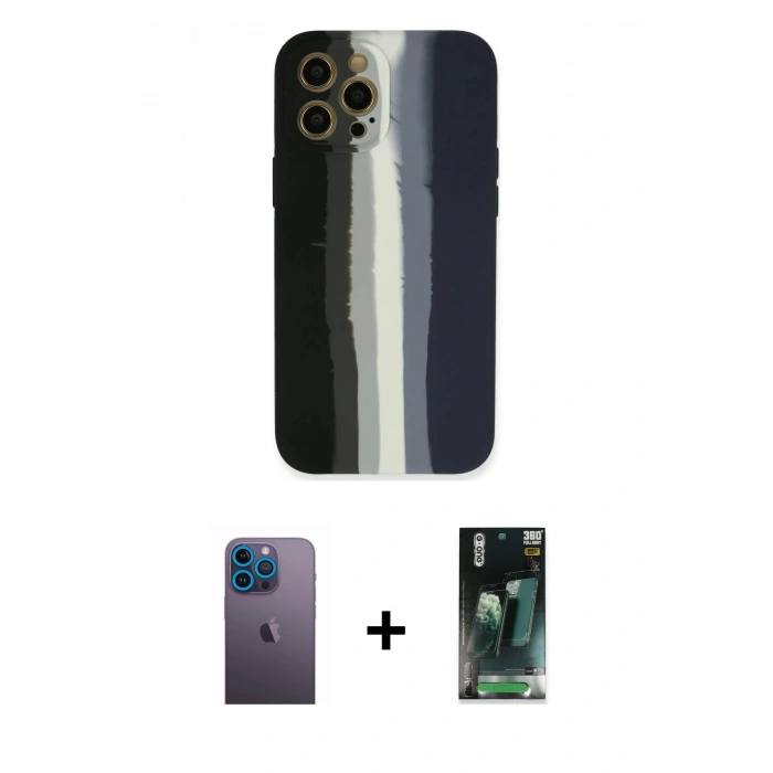 MARSİLYAN™- iPhone 12 Pro Kılıf Yadigar Çizgi - Siyah 360 Mat Full Body Arka Koruyucu + Neon Fosforlu Kamera Lens - MI