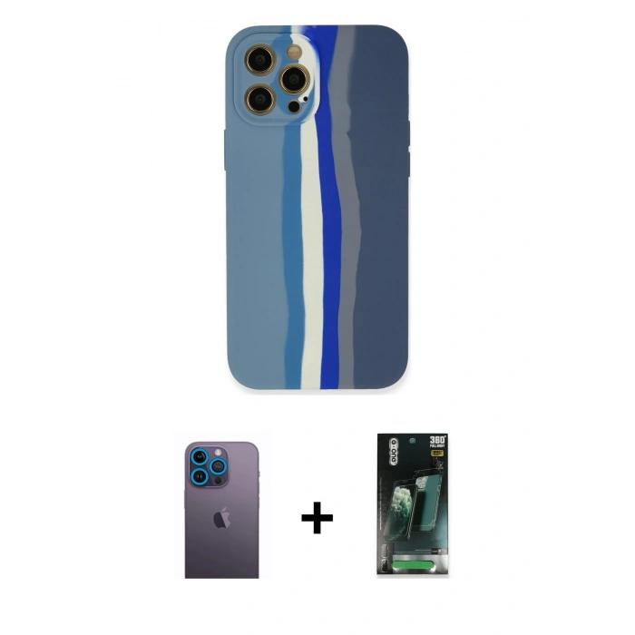 MARSİLYAN™- iPhone 12 Pro Kılıf Yadigar Çizgi - Siyah 360 Mat Full Body Arka Koruyucu + Neon Fosforlu Kamera Lens - MI