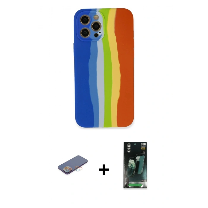 MARSİLYAN™- iPhone 12 Pro Kılıf Yadigar Çizgi - Siyah 360 Mat Full Body Arka Koruyucu + Renkli Kamera Lens Koruma Cam - PE