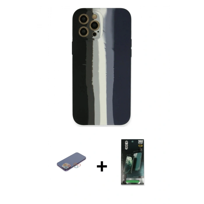MARSİLYAN™- iPhone 12 Pro Kılıf Yadigar Çizgi - Siyah 360 Mat Full Body Arka Koruyucu + Renkli Kamera Lens Koruma Cam - PE