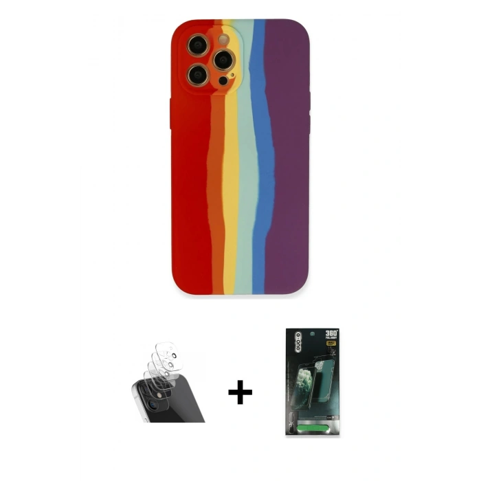 MARSİLYAN™- iPhone 12 Pro Kılıf Yadigar Çizgi - Siyah 360 Mat Full Body Arka Koruyucu + Kamera Lens Koruma Cam - SF