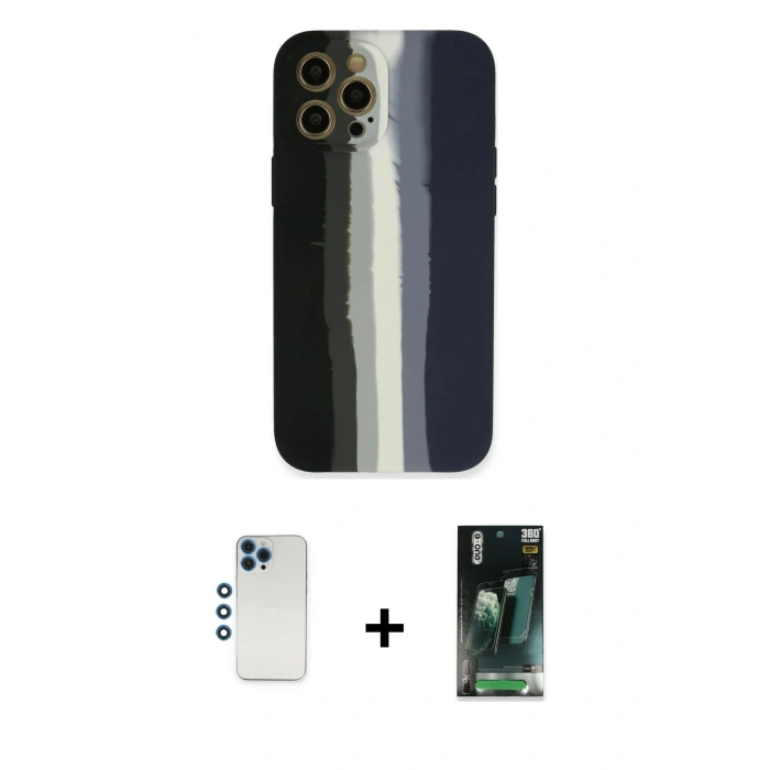 MARSİLYAN™- iPhone 12 Pro Kılıf Yadigar Çizgi - Siyah 360 Mat Full Body Arka Koruyucu + Shine Kamera Lens - MI