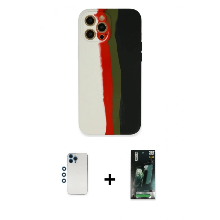 MARSİLYAN™- iPhone 12 Pro Kılıf Yadigar Çizgi - Siyah 360 Mat Full Body Arka Koruyucu + Shine Kamera Lens - MI