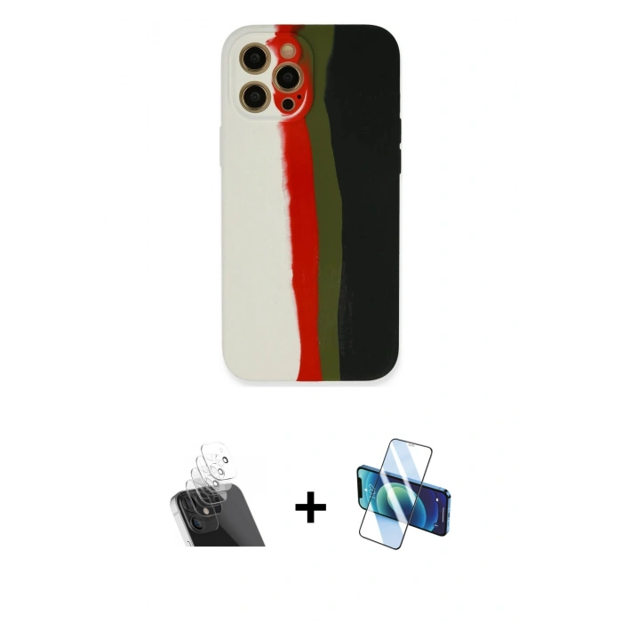 MARSİLYAN™- iPhone 12 Pro Kılıf Yadigar Çizgi - Siyah 3D Antistatik Cam Ekran Koruyucu + Kamera Lens Koruma Cam - SF