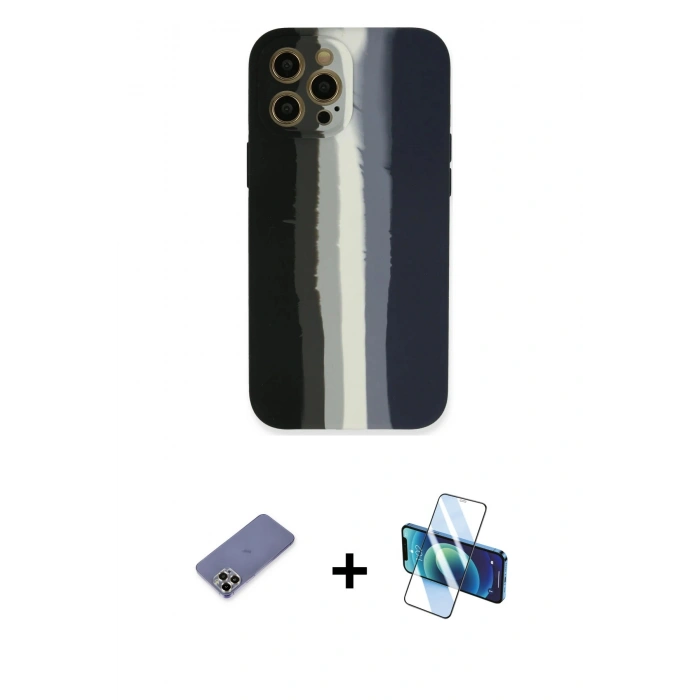 MARSİLYAN™- iPhone 12 Pro Kılıf Yadigar Çizgi - Siyah 3D Antistatik Cam Ekran Koruyucu + Metal Kamera Lens Koruma Cam - GD