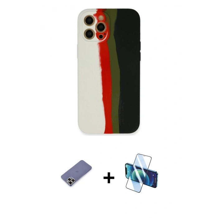 MARSİLYAN™- iPhone 12 Pro Kılıf Yadigar Çizgi - Siyah 3D Antistatik Cam Ekran Koruyucu + Metal Kamera Lens Koruma Cam - GD