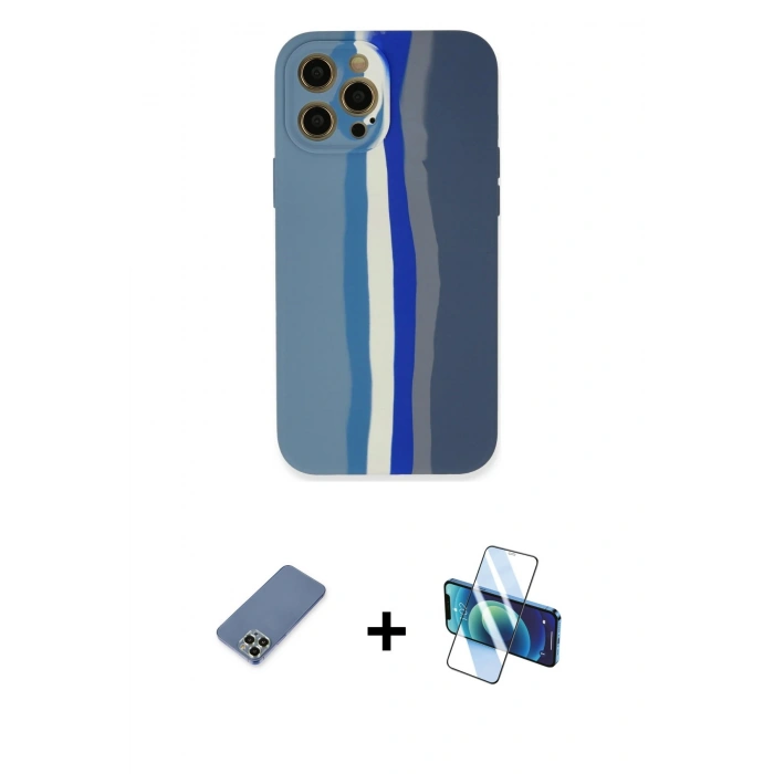 MARSİLYAN™- iPhone 12 Pro Kılıf Yadigar Çizgi - Siyah 3D Antistatik Cam Ekran Koruyucu + Metal Kamera Lens Koruma Cam - AKYL