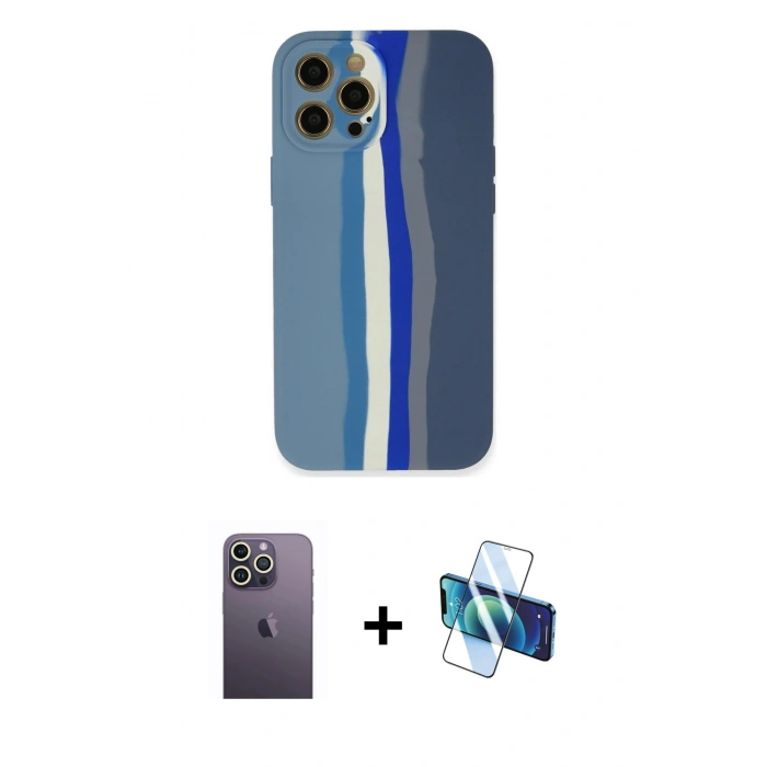 MARSİLYAN™- iPhone 12 Pro Kılıf Yadigar Çizgi - Siyah 3D Antistatik Cam Ekran Koruyucu + Neon Fosforlu Kamera Lens - BZ