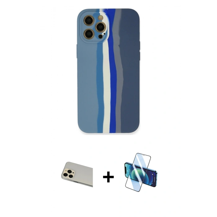 MARSİLYAN™- iPhone 12 Pro Kılıf Yadigar Çizgi - Siyah 3D Antistatik Cam Ekran Koruyucu + Rainbow Kamera Lens Koruma Cam - GD