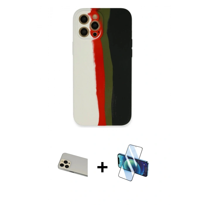 MARSİLYAN™- iPhone 12 Pro Kılıf Yadigar Çizgi - Siyah 3D Antistatik Cam Ekran Koruyucu + Rainbow Kamera Lens Koruma Cam - GD