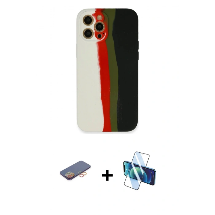 MARSİLYAN™- iPhone 12 Pro Kılıf Yadigar Çizgi - Siyah 3D Antistatik Cam Ekran Koruyucu + Renkli Kamera Lens Koruma Cam - TU