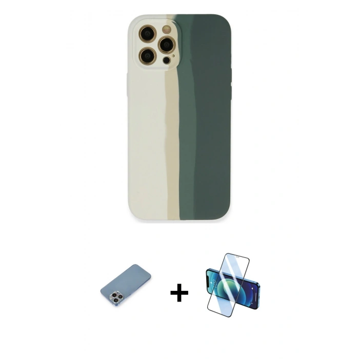 MARSİLYAN™- iPhone 12 Pro Kılıf Yadigar Çizgi - Siyah 3D Antistatik Cam Ekran Koruyucu + Shine Kamera Lens Koruma Cam - GI
