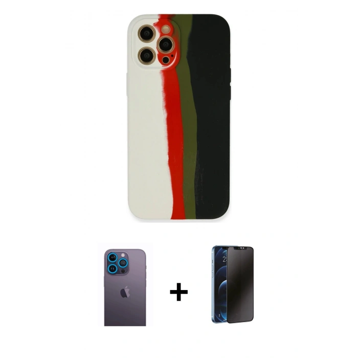 MARSİLYAN™- iPhone 12 Pro Kılıf Yadigar Çizgi - Siyah 3D Antistatik Hayalet Cam Ekran Koruyucu + Neon Fosforlu Kamera Lens - MI