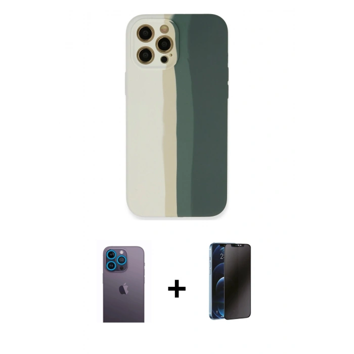 MARSİLYAN™- iPhone 12 Pro Kılıf Yadigar Çizgi - Siyah 3D Antistatik Hayalet Cam Ekran Koruyucu + Neon Fosforlu Kamera Lens - MI