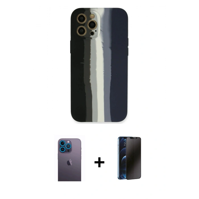 MARSİLYAN™- iPhone 12 Pro Kılıf Yadigar Çizgi - Siyah 3D Antistatik Hayalet Cam Ekran Koruyucu + Neon Fosforlu Kamera Lens - MI