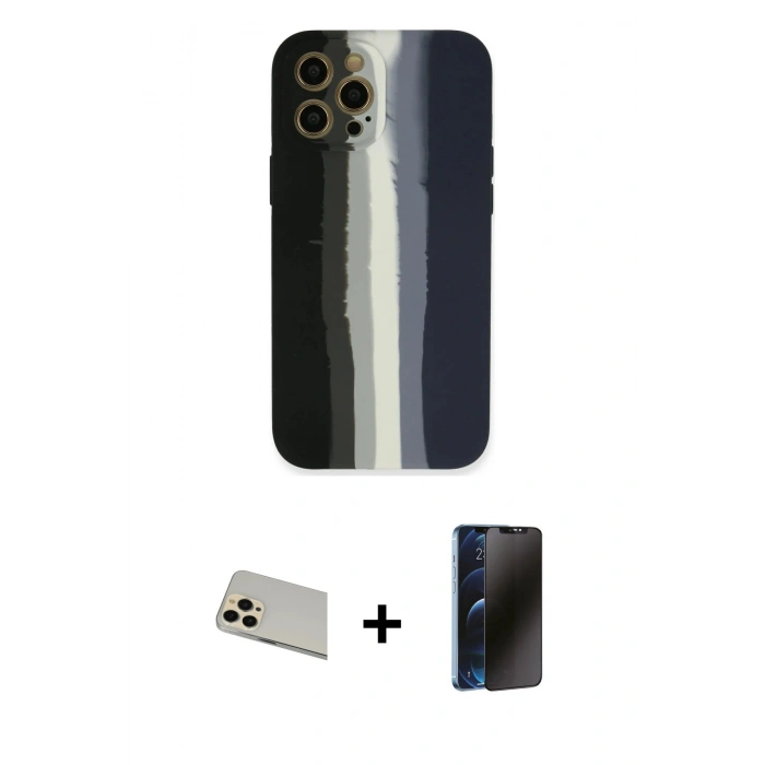 MARSİLYAN™- iPhone 12 Pro Kılıf Yadigar Çizgi - Siyah 3D Antistatik Hayalet Cam Ekran Koruyucu + Rainbow Kamera Lens Koruma Cam - GD