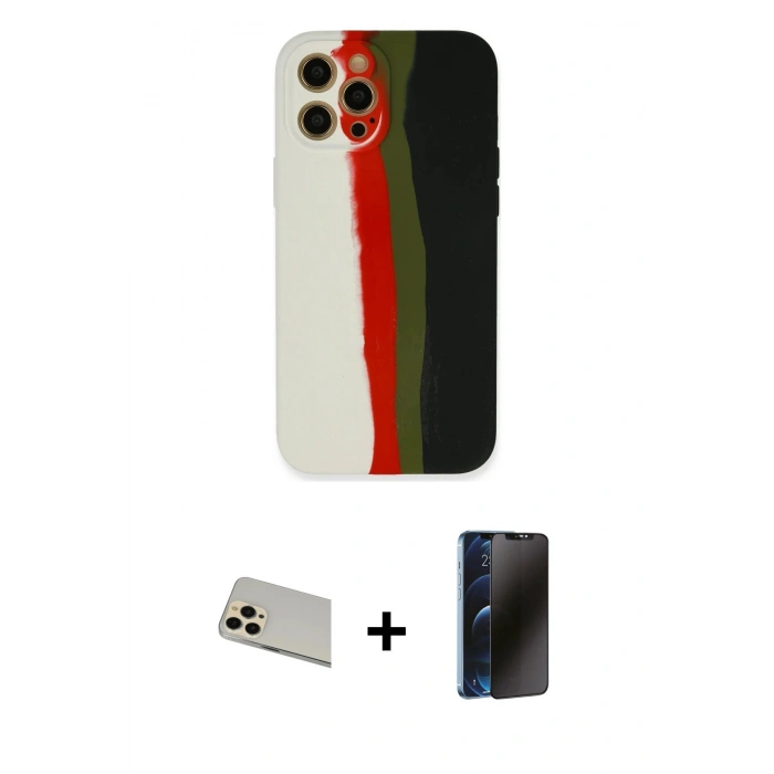 MARSİLYAN™- iPhone 12 Pro Kılıf Yadigar Çizgi - Siyah 3D Antistatik Hayalet Cam Ekran Koruyucu + Rainbow Kamera Lens Koruma Cam - GD