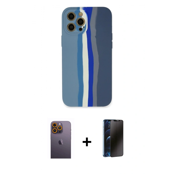 MARSİLYAN™- iPhone 12 Pro Kılıf Yadigar Çizgi - Siyah 3D Antistatik Hayalet Cam Ekran Koruyucu + Neon Fosforlu Kamera Lens - SI