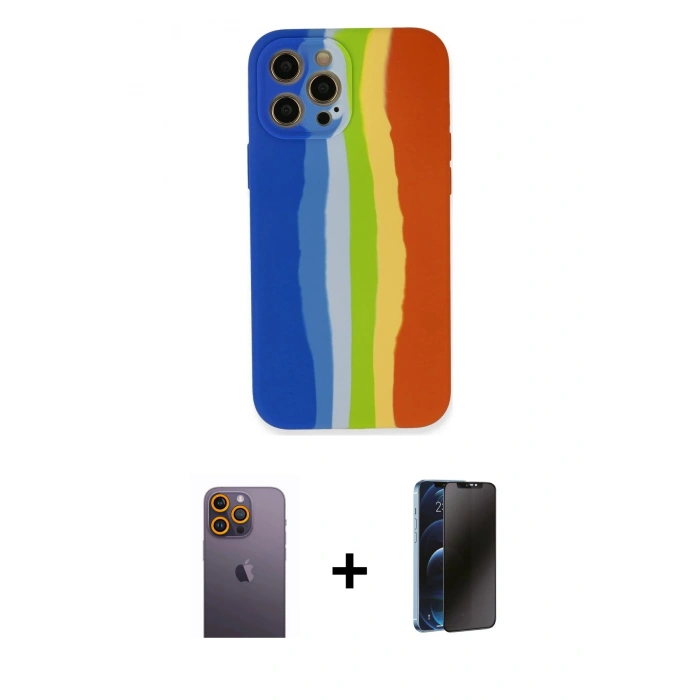 MARSİLYAN™- iPhone 12 Pro Kılıf Yadigar Çizgi - Siyah 3D Antistatik Hayalet Cam Ekran Koruyucu + Neon Fosforlu Kamera Lens - SI