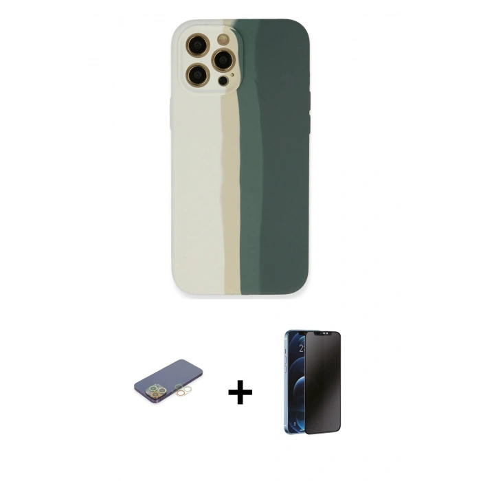 MARSİLYAN™- iPhone 12 Pro Kılıf Yadigar Çizgi - Siyah 3D Antistatik Hayalet Cam Ekran Koruyucu + Renkli Kamera Lens Koruma Cam - SI