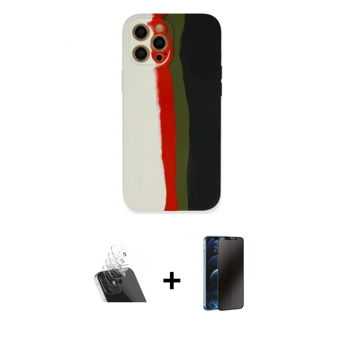 MARSİLYAN™- iPhone 12 Pro Kılıf Yadigar Çizgi - Siyah 3D Antistatik Hayalet Cam Ekran Koruyucu + Kamera Lens Koruma Cam - SF