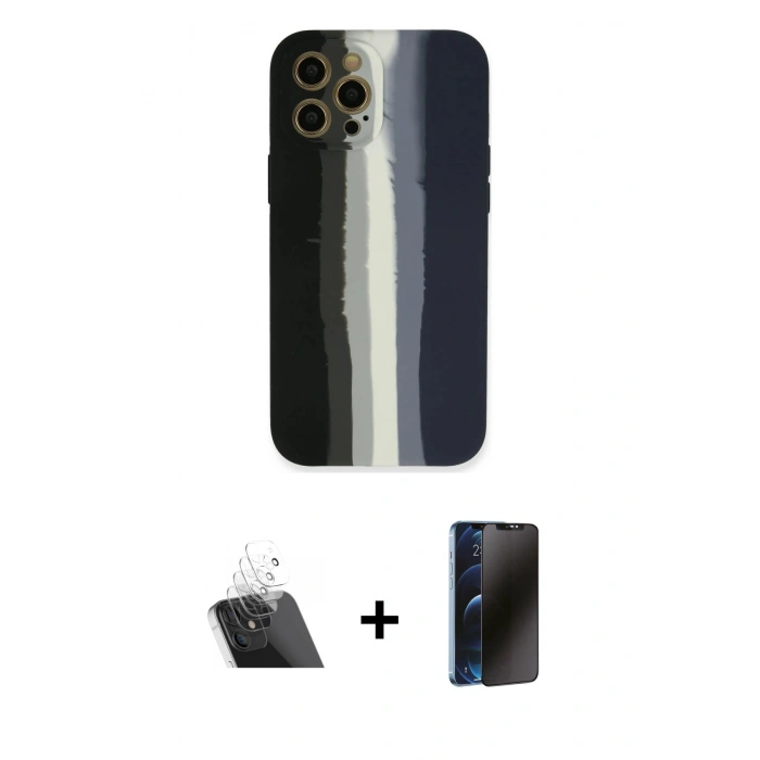 MARSİLYAN™- iPhone 12 Pro Kılıf Yadigar Çizgi - Siyah 3D Antistatik Hayalet Cam Ekran Koruyucu + Kamera Lens Koruma Cam - SF