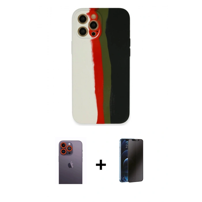 MARSİLYAN™- iPhone 12 Pro Kılıf Yadigar Çizgi - Siyah 3D Antistatik Hayalet Cam Ekran Koruyucu + Neon Fosforlu Kamera Lens - TU