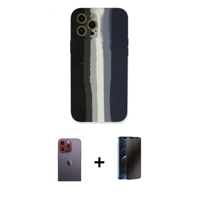 MARSİLYAN™- iPhone 12 Pro Kılıf Yadigar Çizgi - Siyah 3D Antistatik Hayalet Cam Ekran Koruyucu + Neon Fosforlu Kamera Lens - TU