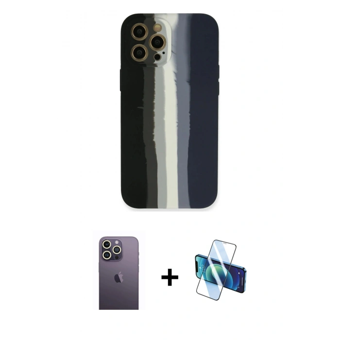MARSİLYAN™- iPhone 12 Pro Kılıf Yadigar Çizgi - Siyah 3D Antistatik Seramik Nano Ekran Koruyucu + Neon Fosforlu Kamera Lens - BZ