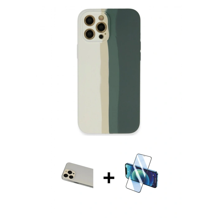 MARSİLYAN™- iPhone 12 Pro Kılıf Yadigar Çizgi - Siyah 3D Antistatik Seramik Nano Ekran Koruyucu + Rainbow Kamera Lens Koruma Cam - GD