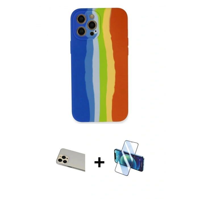 MARSİLYAN™- iPhone 12 Pro Kılıf Yadigar Çizgi - Siyah 3D Antistatik Seramik Nano Ekran Koruyucu + Rainbow Kamera Lens Koruma Cam - GD