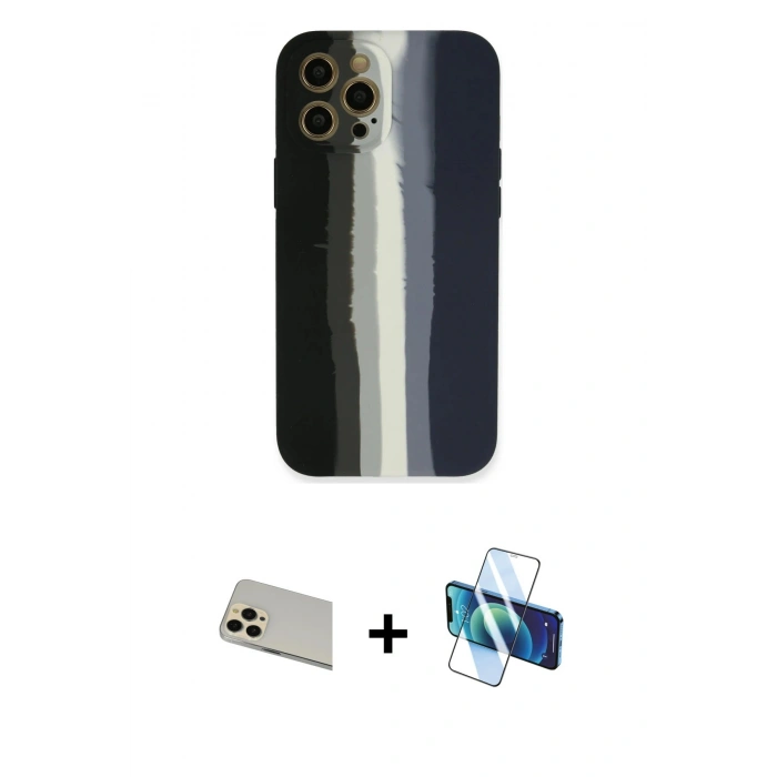 MARSİLYAN™- iPhone 12 Pro Kılıf Yadigar Çizgi - Siyah 3D Antistatik Seramik Nano Ekran Koruyucu + Rainbow Kamera Lens Koruma Cam - GD