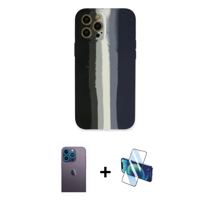 MARSİLYAN™- iPhone 12 Pro Kılıf Yadigar Çizgi - Siyah 3D Antistatik Seramik Nano Ekran Koruyucu + Neon Fosforlu Kamera Lens - MI