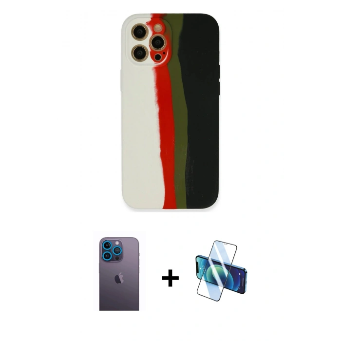 MARSİLYAN™- iPhone 12 Pro Kılıf Yadigar Çizgi - Siyah 3D Antistatik Seramik Nano Ekran Koruyucu + Neon Fosforlu Kamera Lens - MI