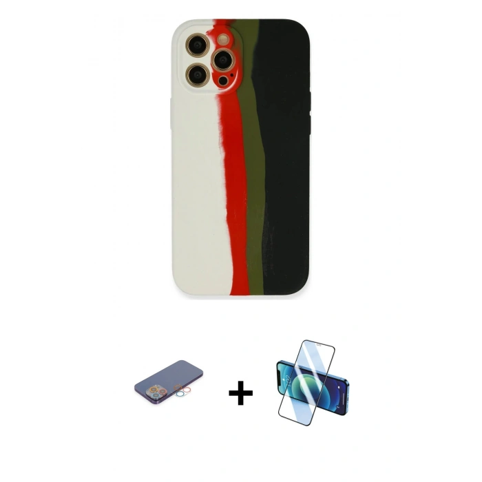 MARSİLYAN™- iPhone 12 Pro Kılıf Yadigar Çizgi - Siyah 3D Antistatik Seramik Nano Ekran Koruyucu + Renkli Kamera Lens Koruma Cam - PE