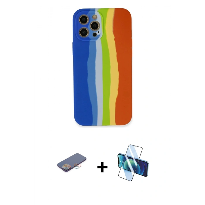 MARSİLYAN™- iPhone 12 Pro Kılıf Yadigar Çizgi - Siyah 3D Antistatik Seramik Nano Ekran Koruyucu + Renkli Kamera Lens Koruma Cam - PE